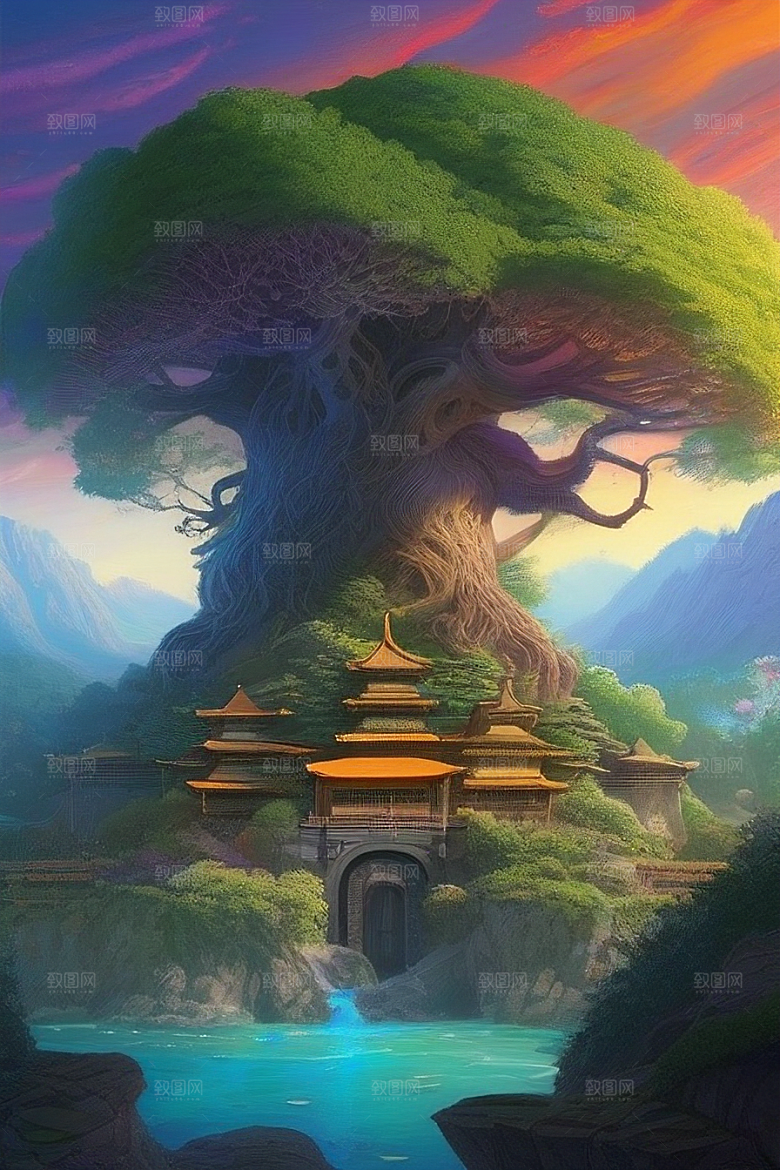 碧玉树阴巨树内的宏伟宫殿绘画