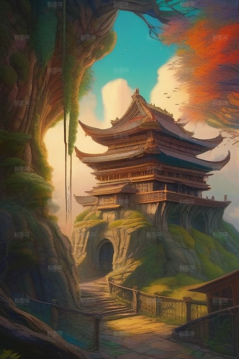 碧玉树阴巨树内的宏伟宫殿绘画