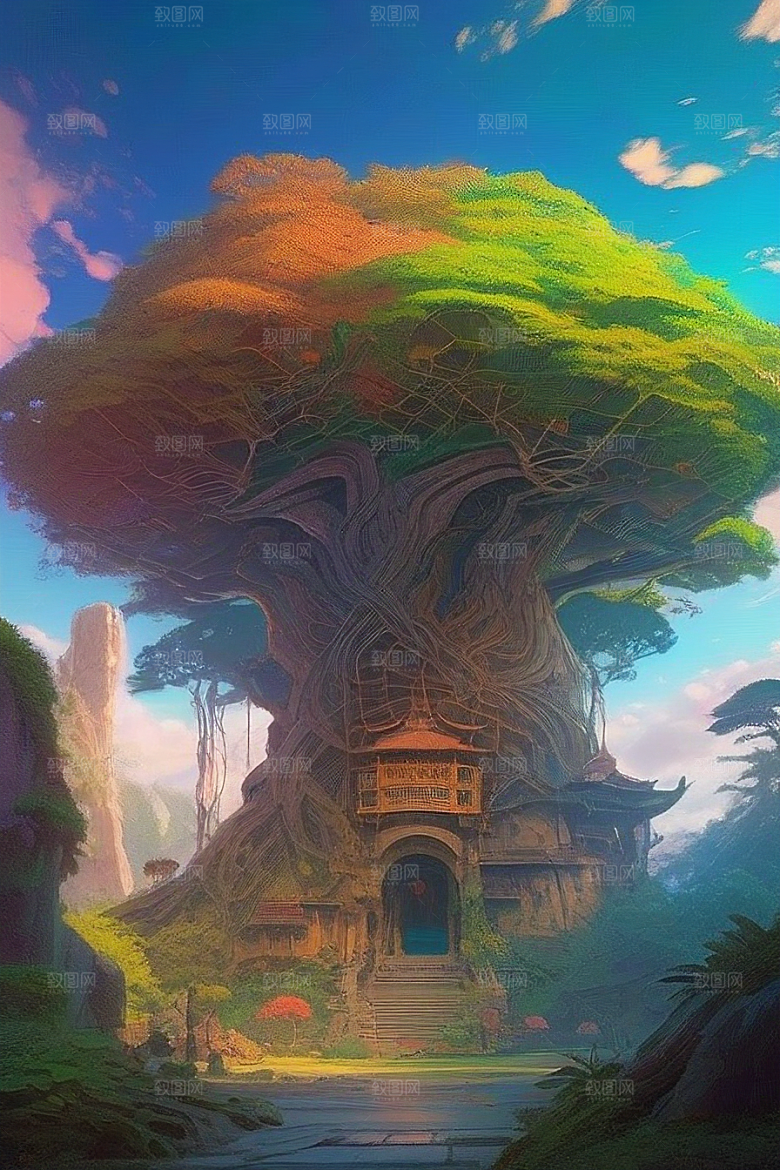九曲树径巨树迷宫中的宫殿绘画