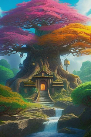 九曲树径巨树迷宫中的宫殿绘画