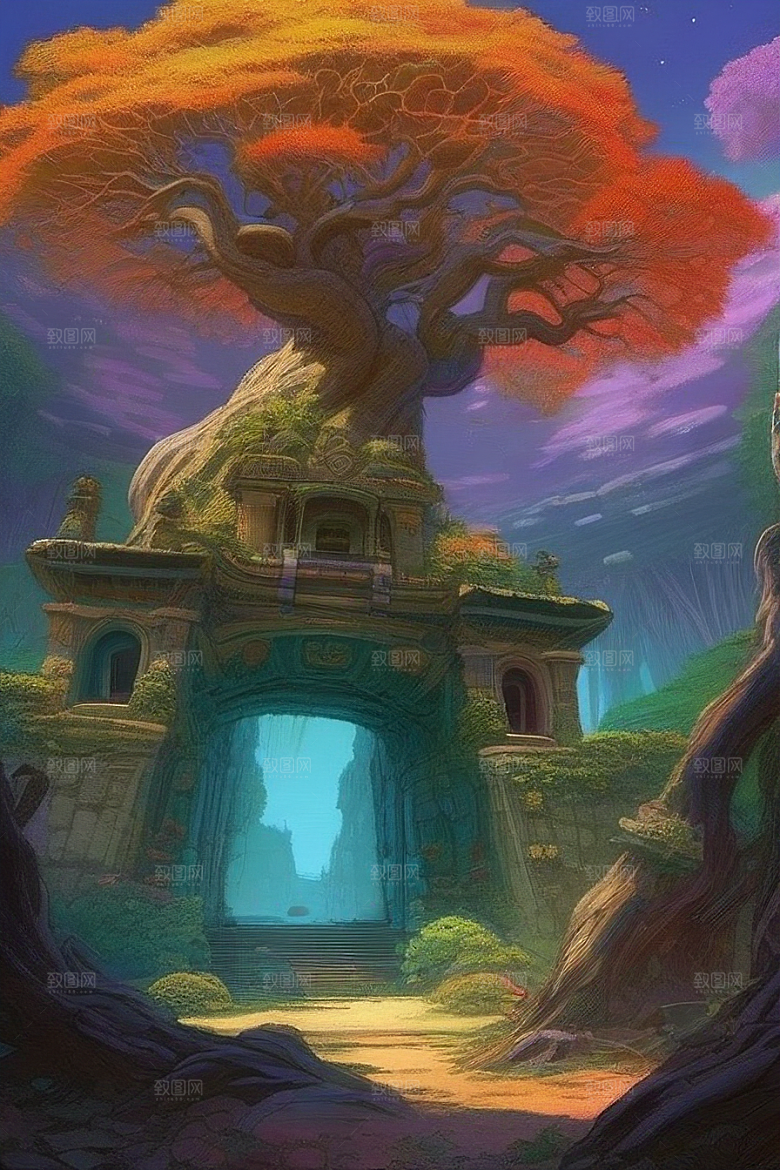 九曲树径巨树迷宫中的宫殿绘画