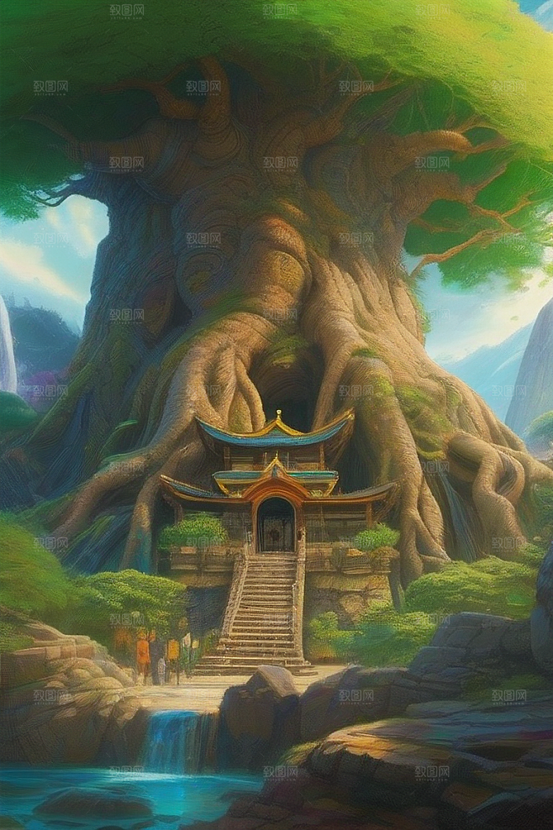 九曲树径巨树迷宫中的宫殿绘画