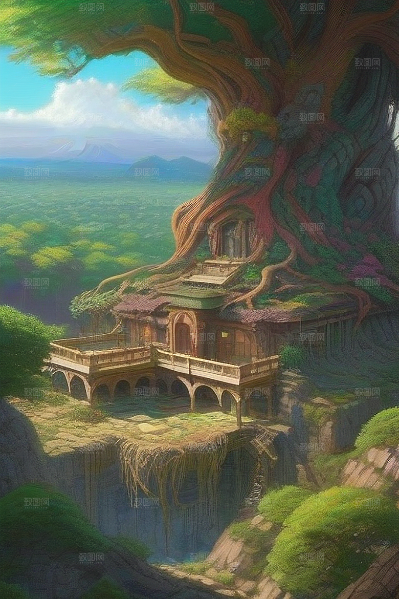 九曲树径巨树迷宫中的宫殿绘画