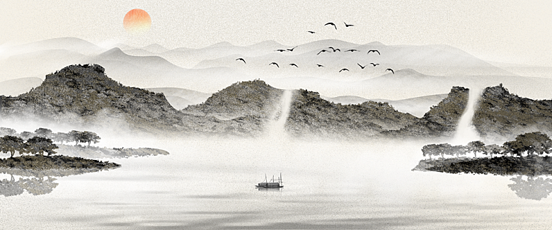 中国风水墨古典山水国画装饰壁画墙贴背景