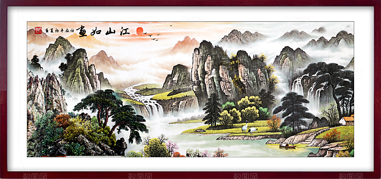 中国风水墨古典山水国画装饰壁画墙贴背景