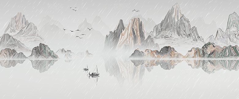中国风水墨古典山水国画装饰壁画墙贴背景