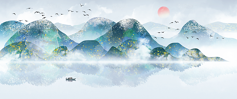 中国风水墨古典山水国画装饰壁画墙贴背景