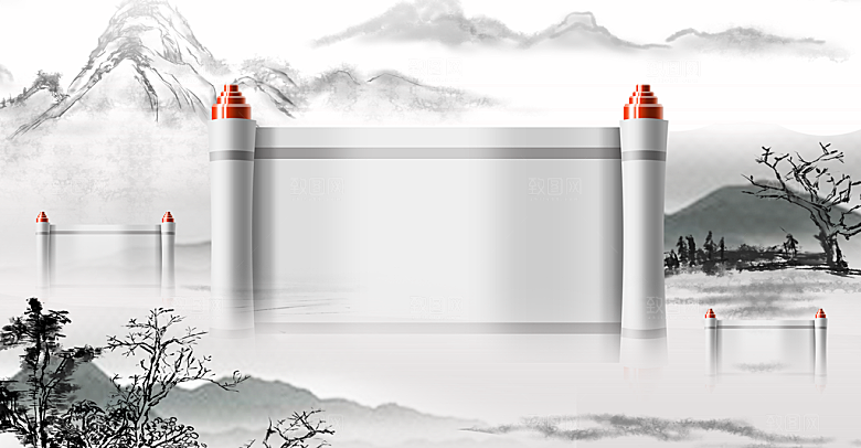 中国风水墨古典山水国画装饰壁画墙贴背景