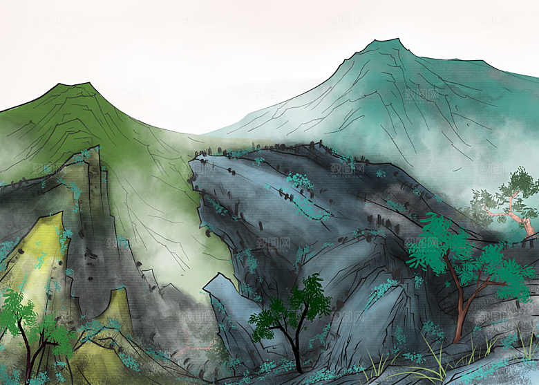 中国风水墨古典山水国画装饰壁画墙贴背景