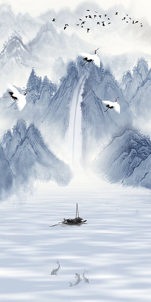 中国风水墨古典山水国画装饰壁画墙贴背景