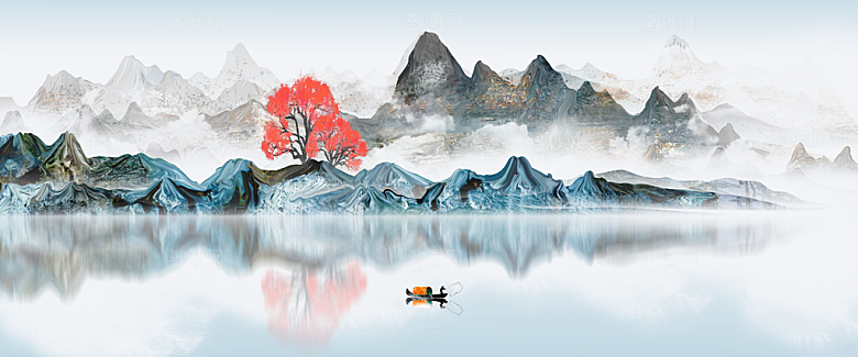 中国风水墨古典山水国画装饰壁画墙贴背景