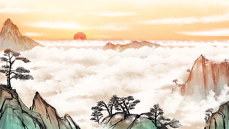 中国风水墨古典山水国画装饰壁画墙贴背景