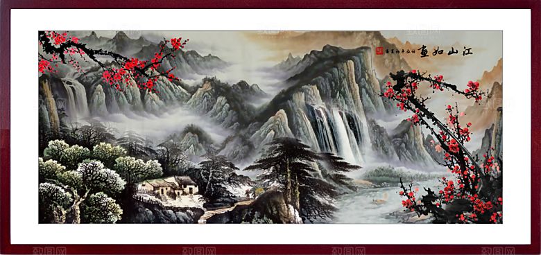 中国风水墨古典山水国画装饰壁画墙贴背景