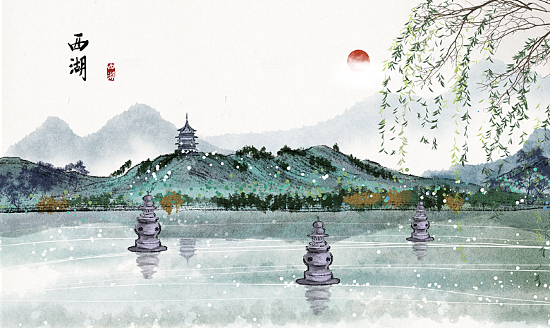 中国风水墨古典山水国画装饰壁画墙贴背景