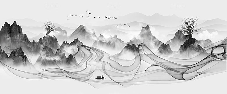 中国风水墨古典山水国画装饰壁画墙贴背景