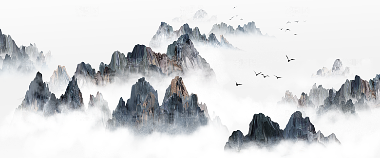 中国风水墨古典山水国画装饰壁画墙贴背景
