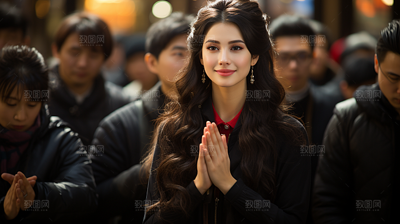 在人群中祈祷的女人