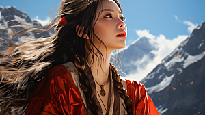 雪山上的红衣美女