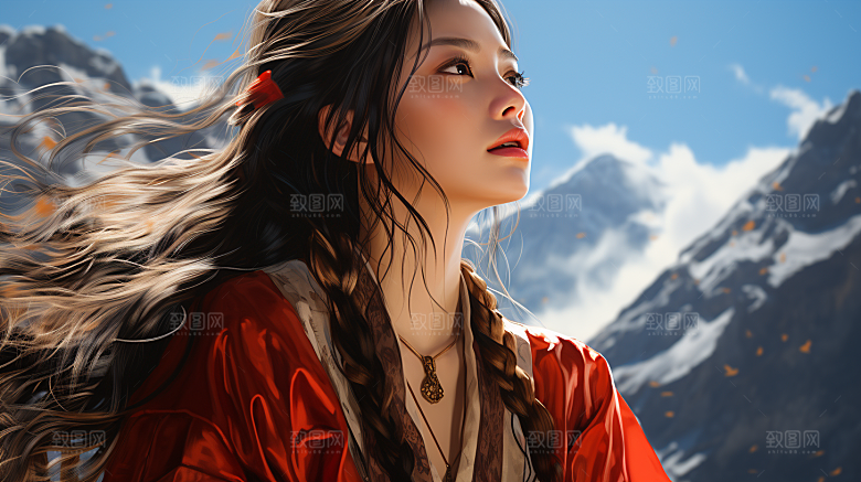 雪山上的红衣美女