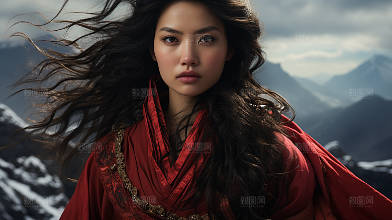 雪山上的红衣美女