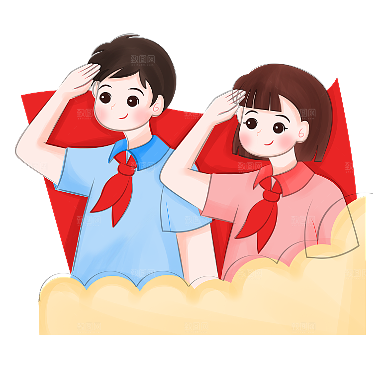 手绘卡通儿童小学生少先队员敬礼行注目礼