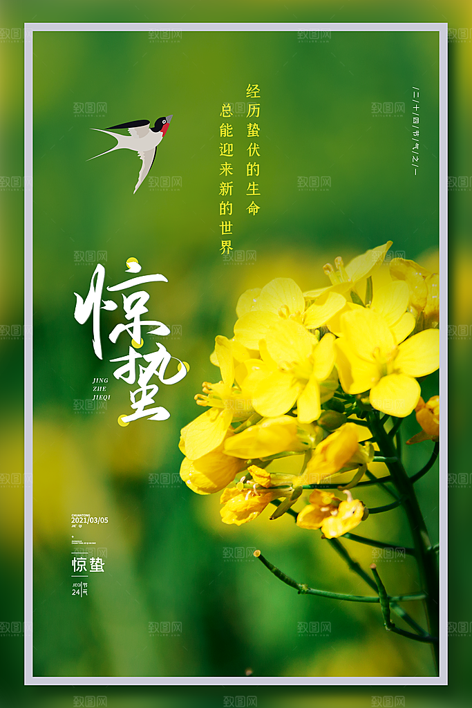 传统节日唯美中国风花鸟惊蛰海报