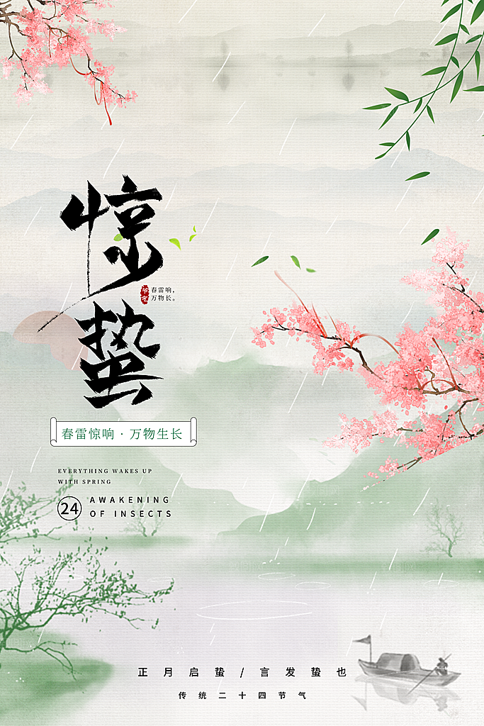 传统节日唯美中国风花鸟惊蛰海报
