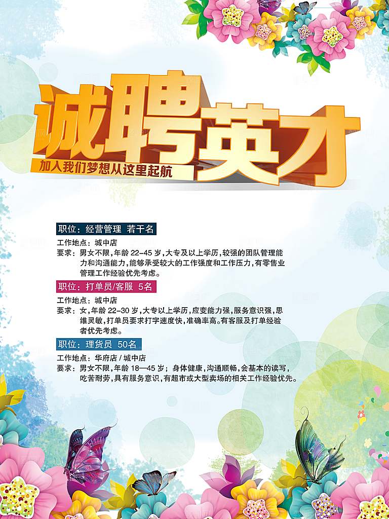创意手绘鲜花花朵招聘海报