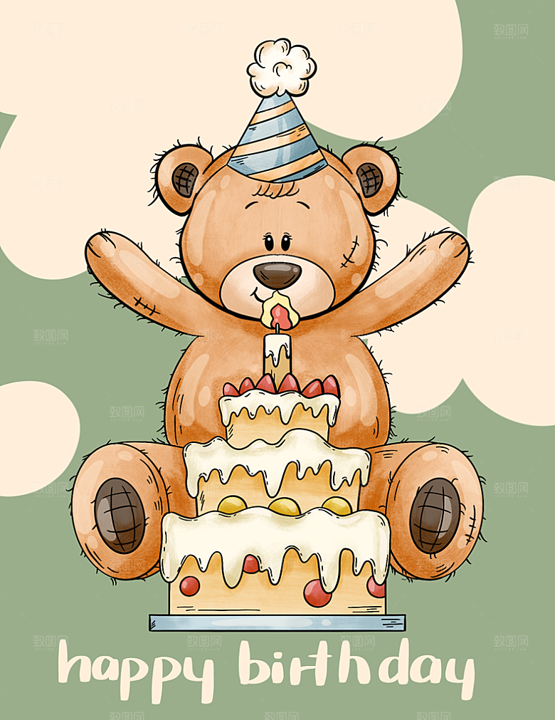 蛋糕可爱海报生日快乐卡通小熊插画