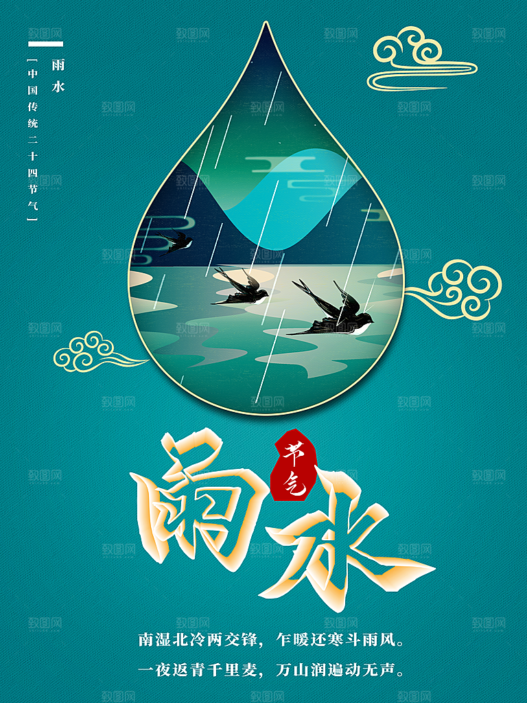 春季简约质感二十四节气雨水海报