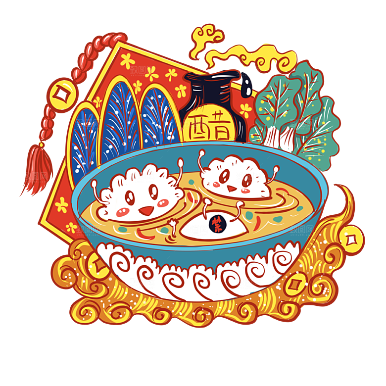 地方特色美食小吃甜点火锅元素插画