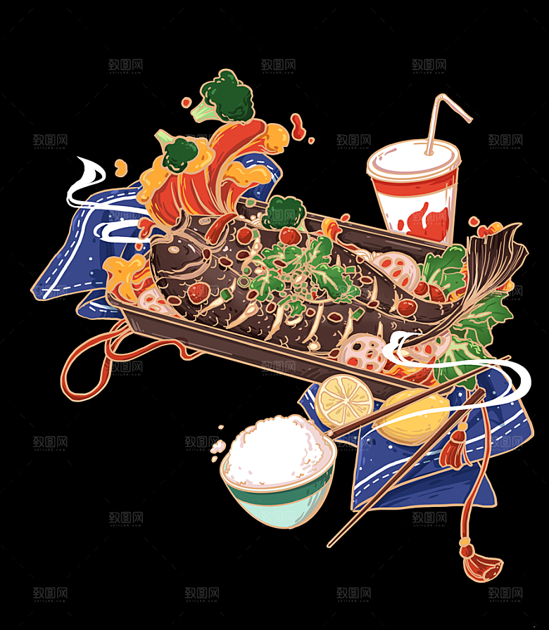地方特色美食小吃甜点火锅元素插画