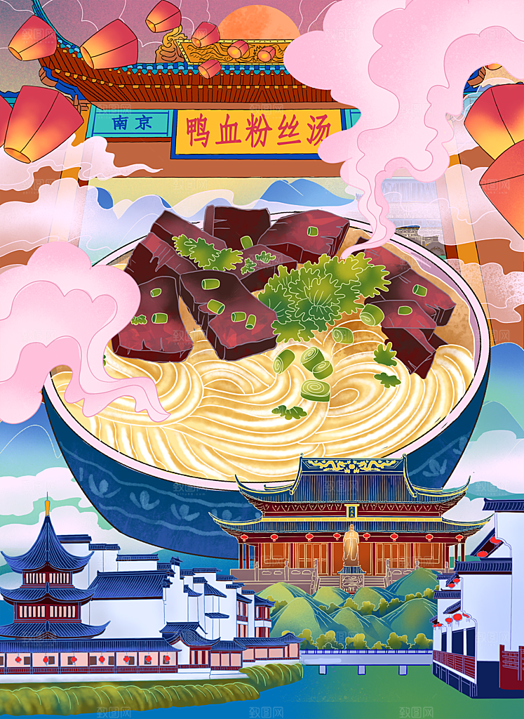 传统地方特色美食插画海报宣传