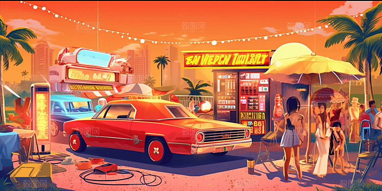 复古潮流赛博朋克手绘citypop插画
