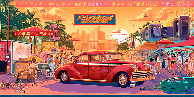 潮流复古赛博朋克手绘citypop插画