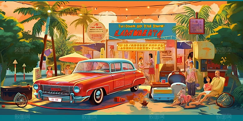 潮流复古赛博朋克手绘citypop插画