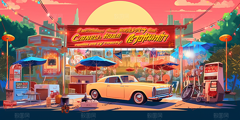 潮流复古赛博朋克手绘citypop插画