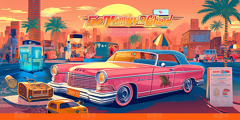潮流复古赛博朋克手绘citypop插画