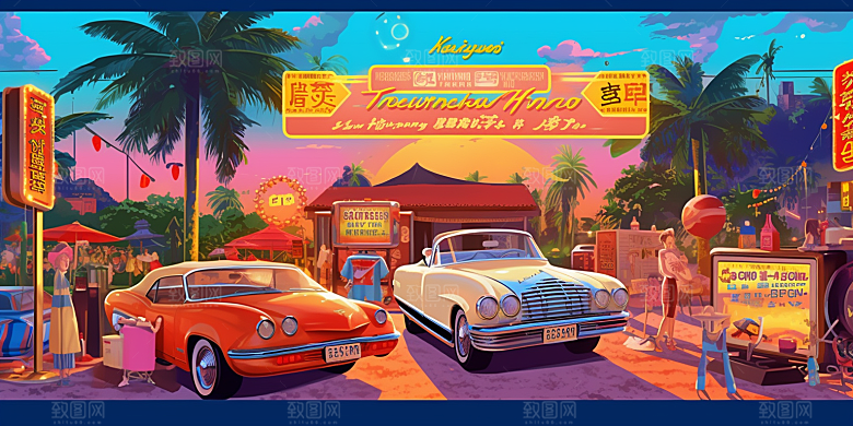 潮流复古赛博朋克手绘citypop插画