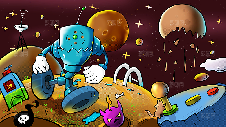 卡通儿童宇航员插画模板宇宙星球