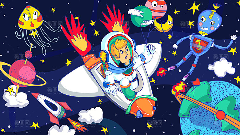 卡通儿童宇航员插画模板宇宙星球
