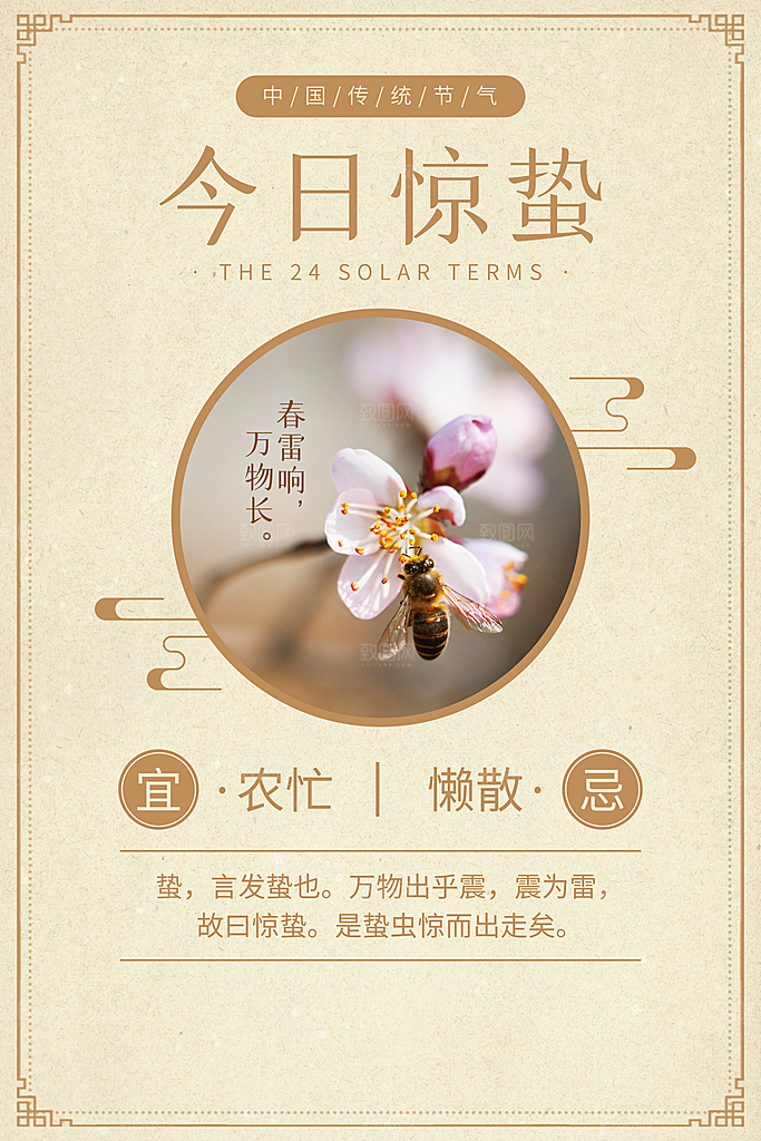 传统节日唯美中国风花鸟惊蛰海报