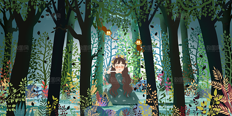 森系森林野外仙境插画海报风景