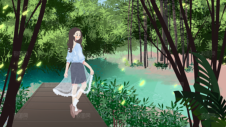 森系森林野外仙境插画海报风景