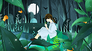 森系森林野外仙境插画海报风景