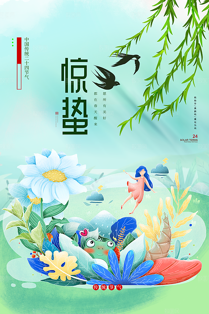 传统节日唯美中国风花鸟惊蛰海报