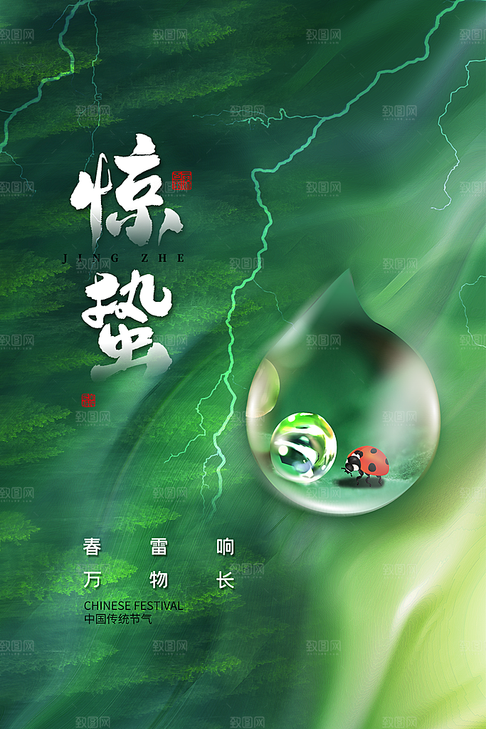 传统节日唯美中国风花鸟惊蛰海报