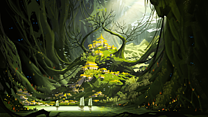 手绘山水建筑森林神庙欧式城堡天宫场景插画