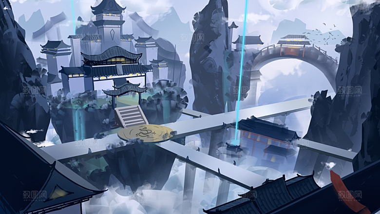 手绘山水建筑森林神庙欧式城堡天宫场景插画