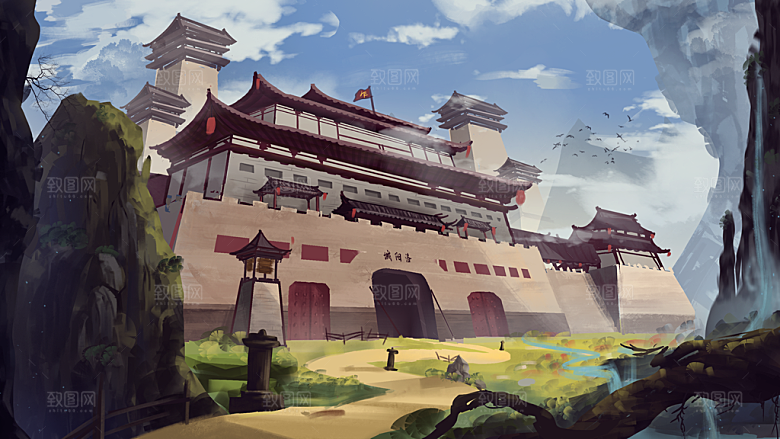 手绘山水建筑森林神庙欧式城堡天宫场景插画